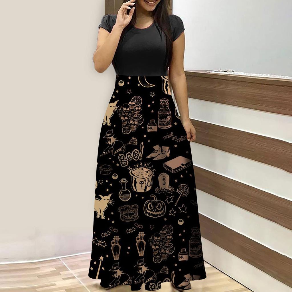 Women's Fashion Casual Halloween Print Round Neck Short-Sleeved Large Size Long Dresses