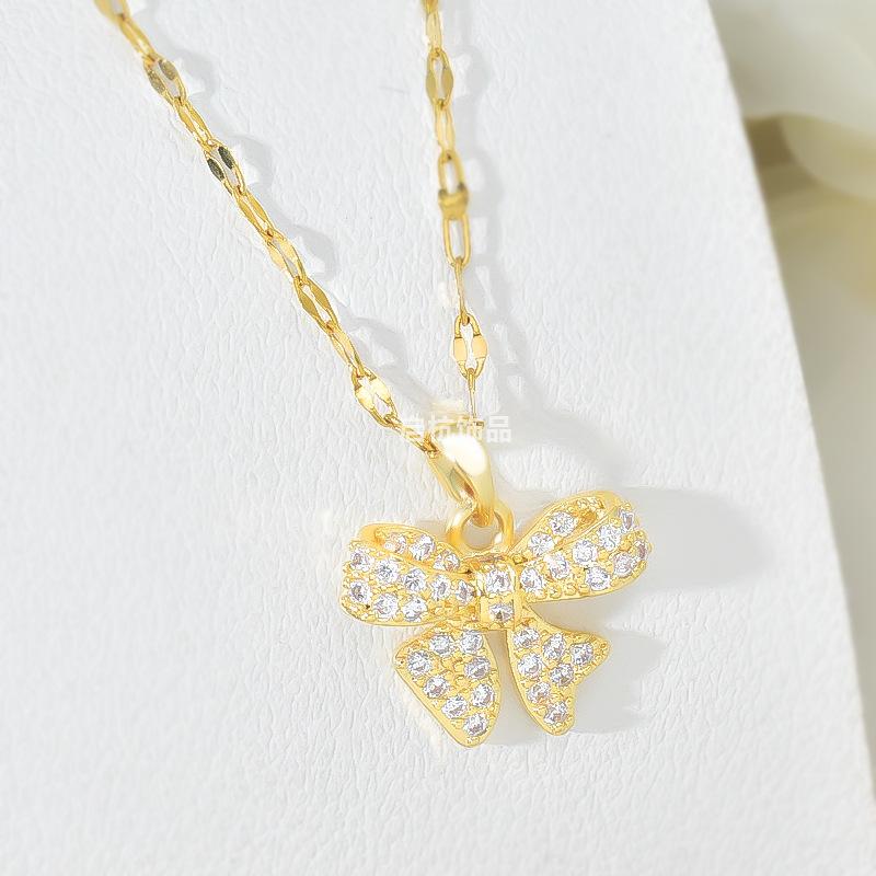 Titanium Steel Full Diamond Butterfly Necklace Women'S Light Luxury High Sense Versatile Temperament Zircon Pendant