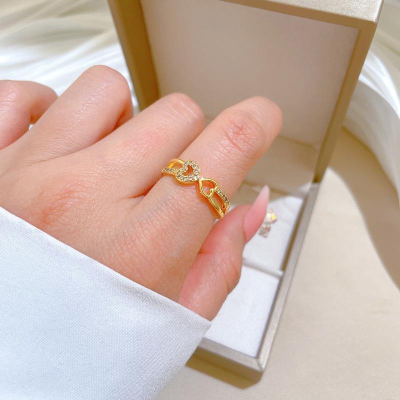 Real Gold Electroplating Heart-To-Heart Print, Women'S Fashion Micro-Inlaid Light Luxury Ring, Index Finger Ring, The Same Cold Wind