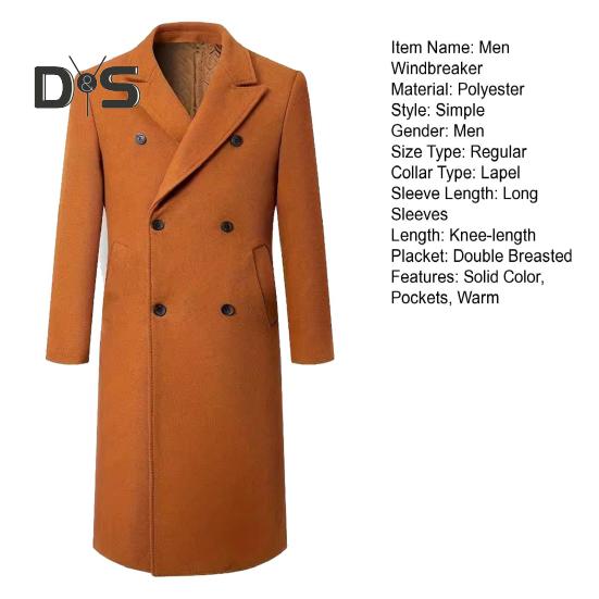 Men Windbreaker Suit Collar Long Sleeve Double-Breasted Thickened Woolen Coat Solid Color Pockets Design Mid-length Outwear