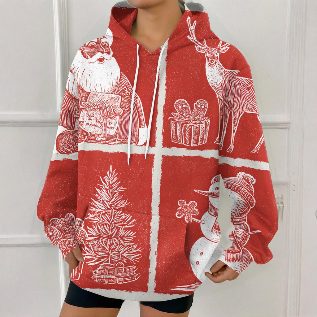 Women's Fashion Sweatshirt Christmas Print Casual Hooded Sweatshirt With Pockets