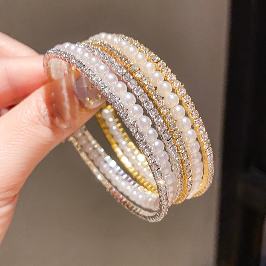 Pearl Beaded Threelayer Open Bracelet With Rhinestone Embellishments For Elegant Womens Jewelry