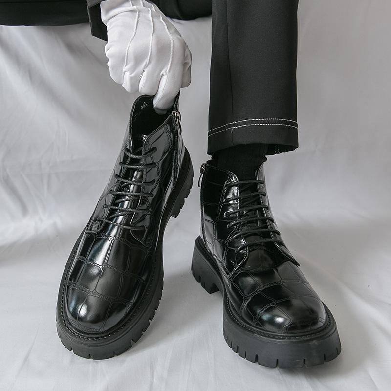 Men's Large Size High-Top Leather Shoes with Thick Soles, Height-Increasing, Autumn/Winter Fashion Trend Martin Boots