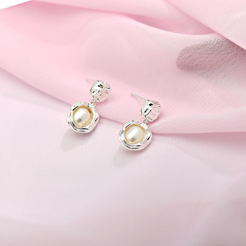 French Baroque Pearl Dangle Earrings with Silver Needle - High-End Luxury Design