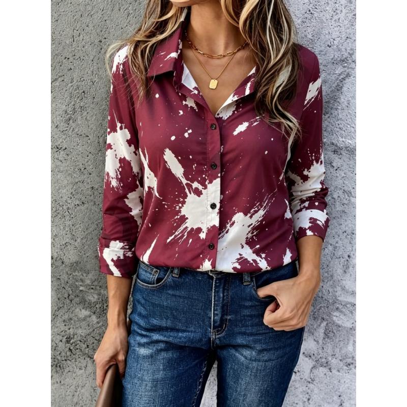 Women's Spring Summer White Marble Crack Texture Print Button Down Shirt, Casual Daily Printed Collared Blouse
