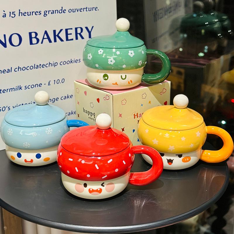 Cute Creative Funny Expression Cup with Lid Spoon Niche Water Cup Ceramic Mug Gift for Friends Souvenir