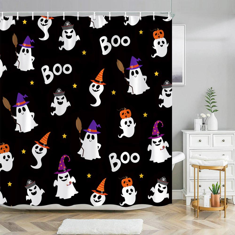 Scary Halloween Shower Curtains Black Cat Pumpkin Shower Curtain Witch Purple Bat Spider Web Cloth Shower Curtain Bathroom Decor