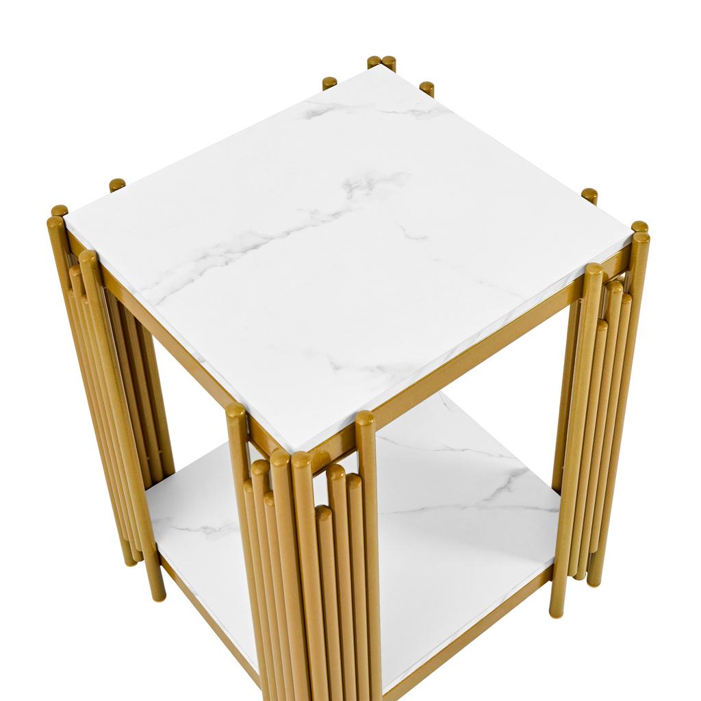 Nightstand with 2 Shelves, Gold Metal Frame with Glitter Effect, Marble Look, MDF for Bedroom, Living Room and Hallway, White & Gold-H55/W43/D40 cm