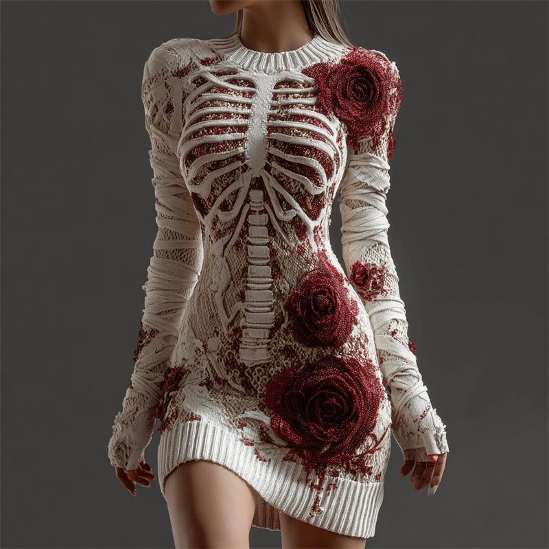 2025 Halloween European & American Street Style 3D Skull Print Short Sleeve Sweater