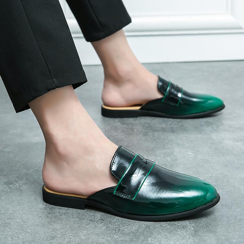 Summer Half Shoes for Men Black Loafers Slippers Patent Leather Mens Casual Driving Shoes Lightweight Flats Mules Slides Sandals