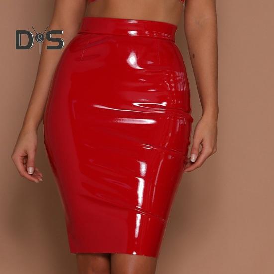 Damen-Clubrock, Kunstleder, dünn, Etui, hohe Taille, Reißverschluss, einfarbig, glänzende Oberfläche, schmale Passform, knielang, Damen-Party-Dating-Rock