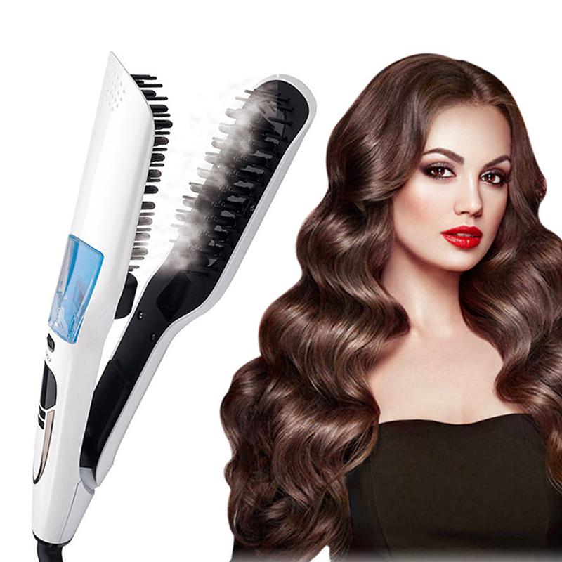 Professional Hair Straightener Brush Wet Dry Fast Ionic Steampod Mist Flat Iron Electric White LCD