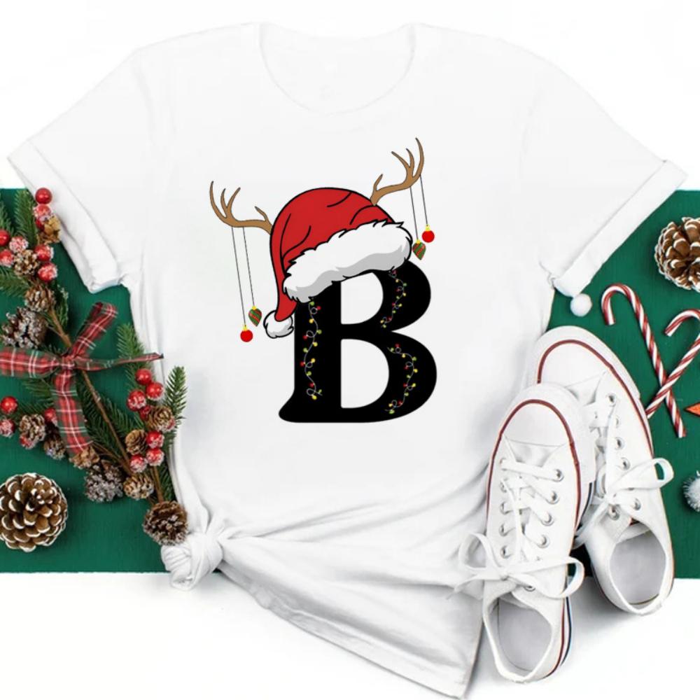 Christmas Hat A To Z Letters Tshirt Christmas Family Activity Sleeved Streetwear Harajuku Short Sleeve Casual Aesthetic Clothes