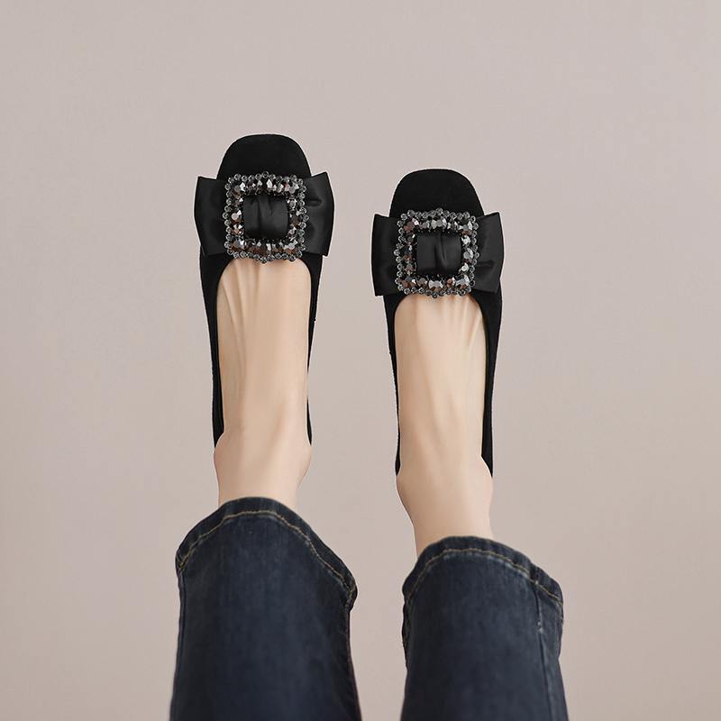 Krazing Pot Suede Spring Summer Size 41 Med Heels Office Lady High Heels Crystal Women Square Toe Shallow Pumps