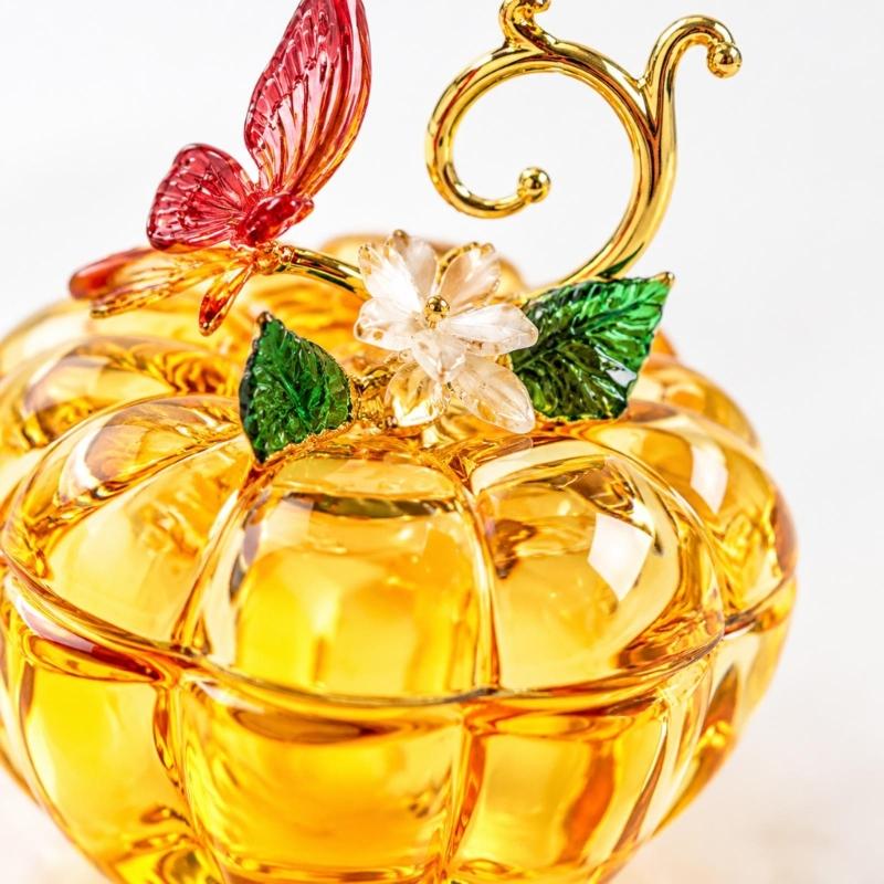 Decorative Glass Pumpkin Container with Removable Fitted Lid for Covered Small-Item Storage and Tabletop Display
