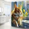 Charming Ginger Cat Shower Curtain - Artistic Sloth Kitten Design, High Quality Polyester Bathroom Decor With Hooks