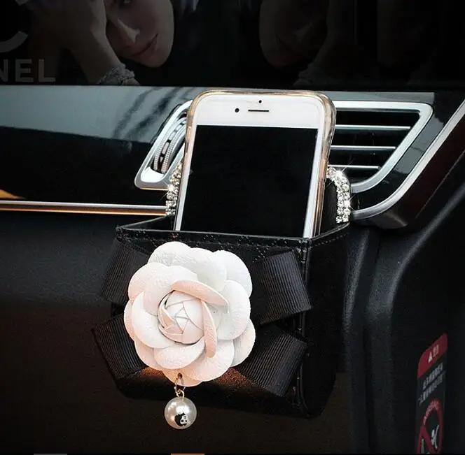 Camellia Flower Auto-Innenausstattung, Kristallleder, Auto-Schulterpolster, Schlüsseltasche, Taschentuchbox, Armlehnenmatte, Anhänger, Spiegelhaken