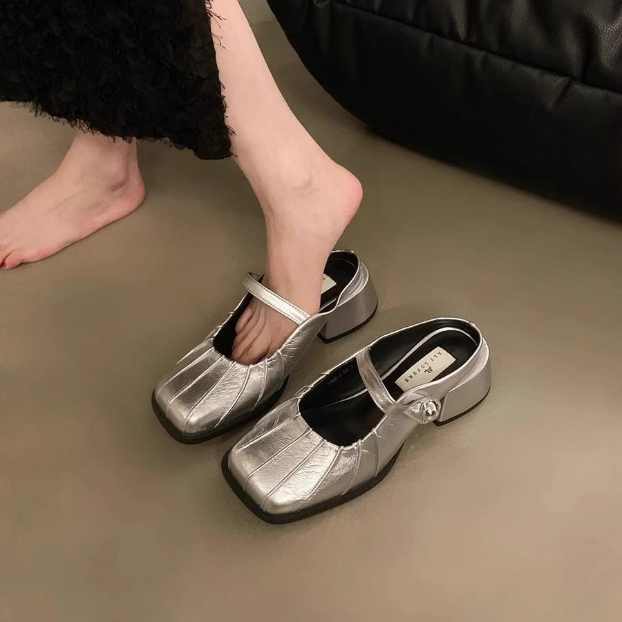 French National Style Chinese Silver Bag Head Half Slippers Women's Summer Wear 2025 New Lazy One-pedal Thick-heeled Single Shoes