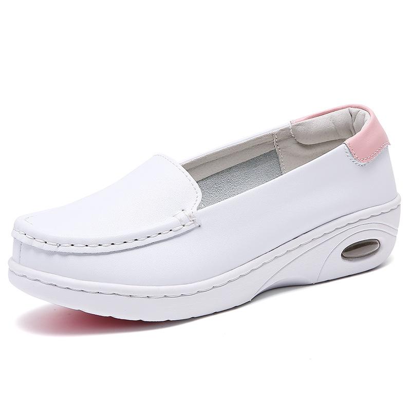 Thick-soled nurse shoes women's leather wedge heel air cushion soft sole non-slip, breathable and not tired feet flat-soled heightening comfortable
