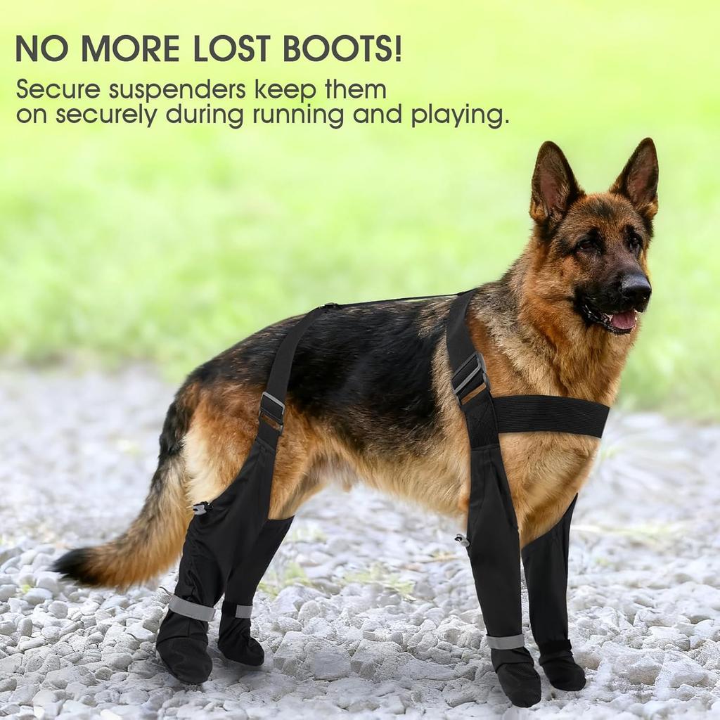 Dog Suspender Boots Reflective & Waterproof – Non-Slip & Dirt-Proof Paw Protectors, Rainy & Snowy Pet Booties with Adjustable Suspenders for