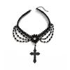 Dark Gothic Cross Pendant Necklace Female, Vintage Multilayer Beaded Tassel Collarbone Collar