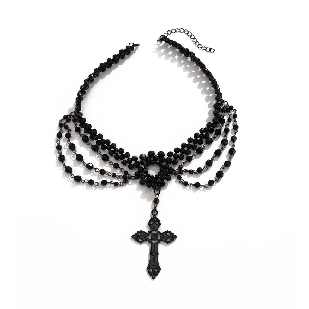 Dark Gothic Cross Pendant Necklace Female, Vintage Multilayer Beaded Tassel Collarbone Collar