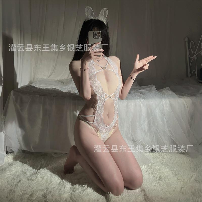 Sexy lingerie lace seduction rhinestone one-piece no-care open flirting pajamas hot passion suit