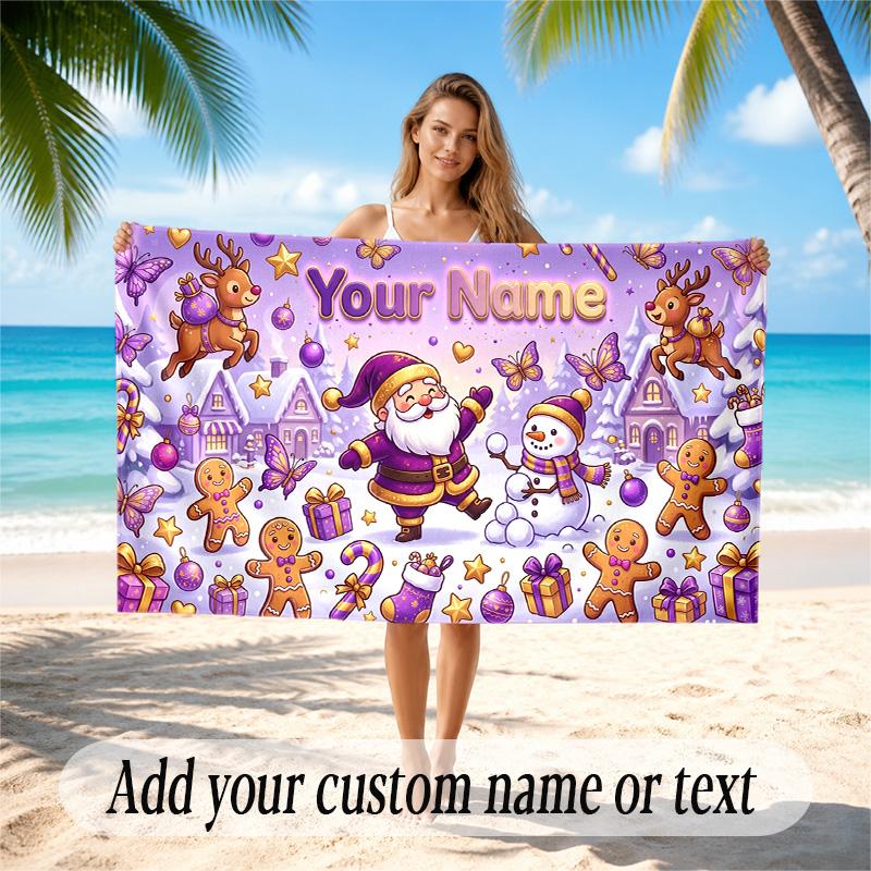 Christmas Theme Quick Dry Beach Towel Custom Name Text Print Large Sand Resistant Towel Beach Vacation