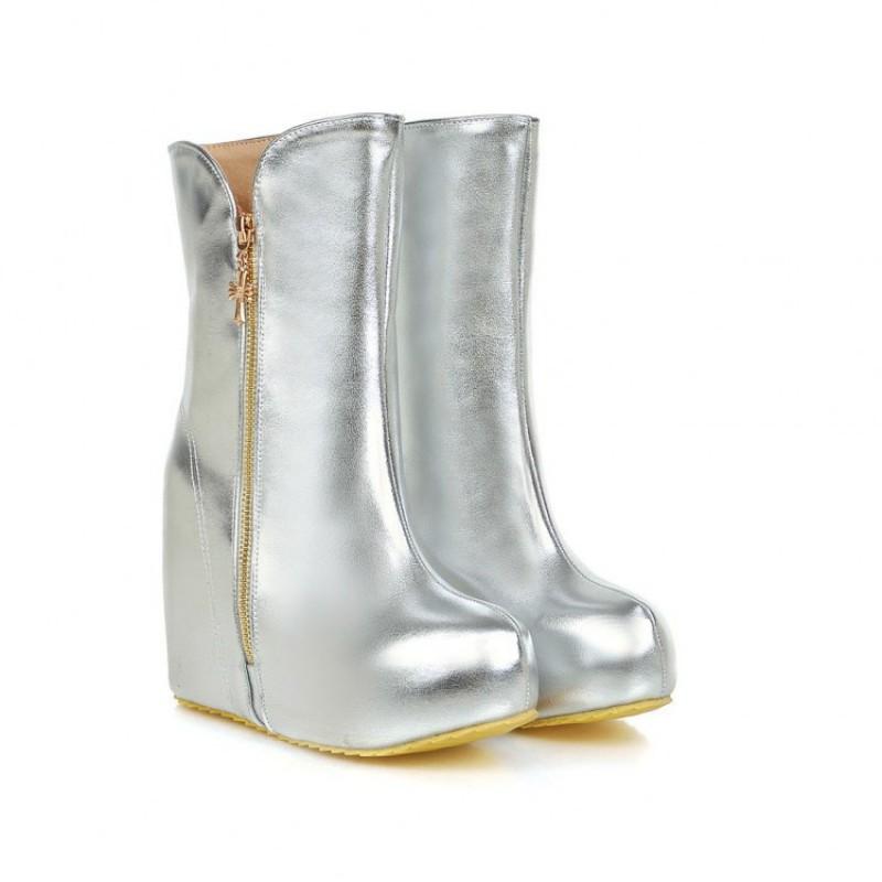 Womens Chunky Heel Ankle Boots With Side Zipper PU Leather Platform Wedge Sole Plus Size Available