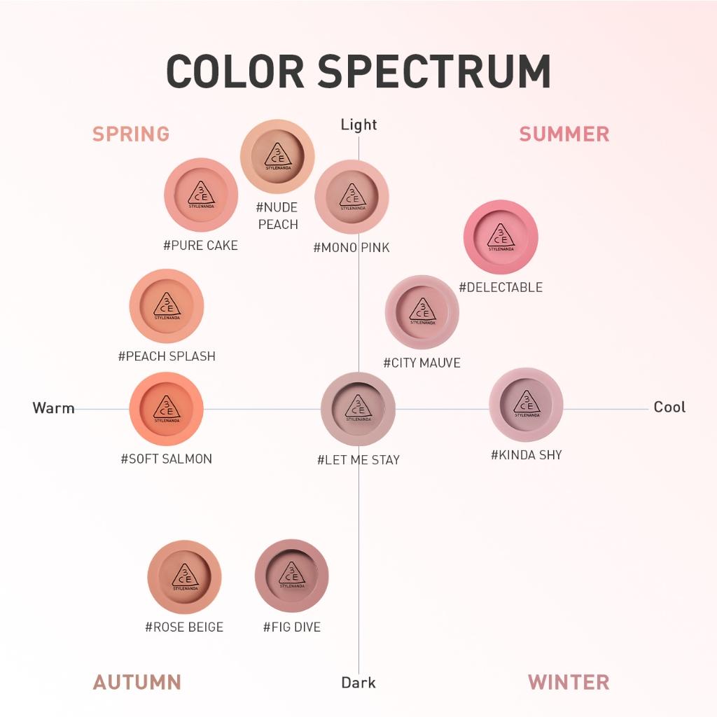 Blush viso 3CE, pigmenti traslucidi leggeri, texture liscia come la seta, facilmente sfumabile, colorito dall'aspetto naturale.
