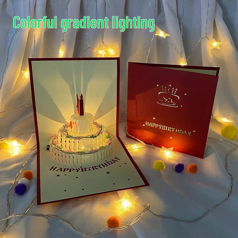 Carte pop-up Gâteau d'anniversaire musical 3D avec lumières colorées et enregistrement