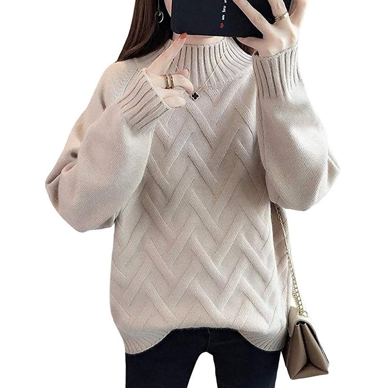 

[big Rough] tops knit sweater long sleeve high neck braid Plain color simple low gauge autumn winter spring ladies (Khaki, Fr)