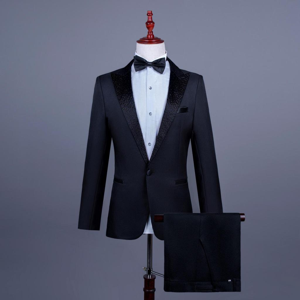Men's Single-Breasted Rhinestone Suit Set for Banquet and Performance