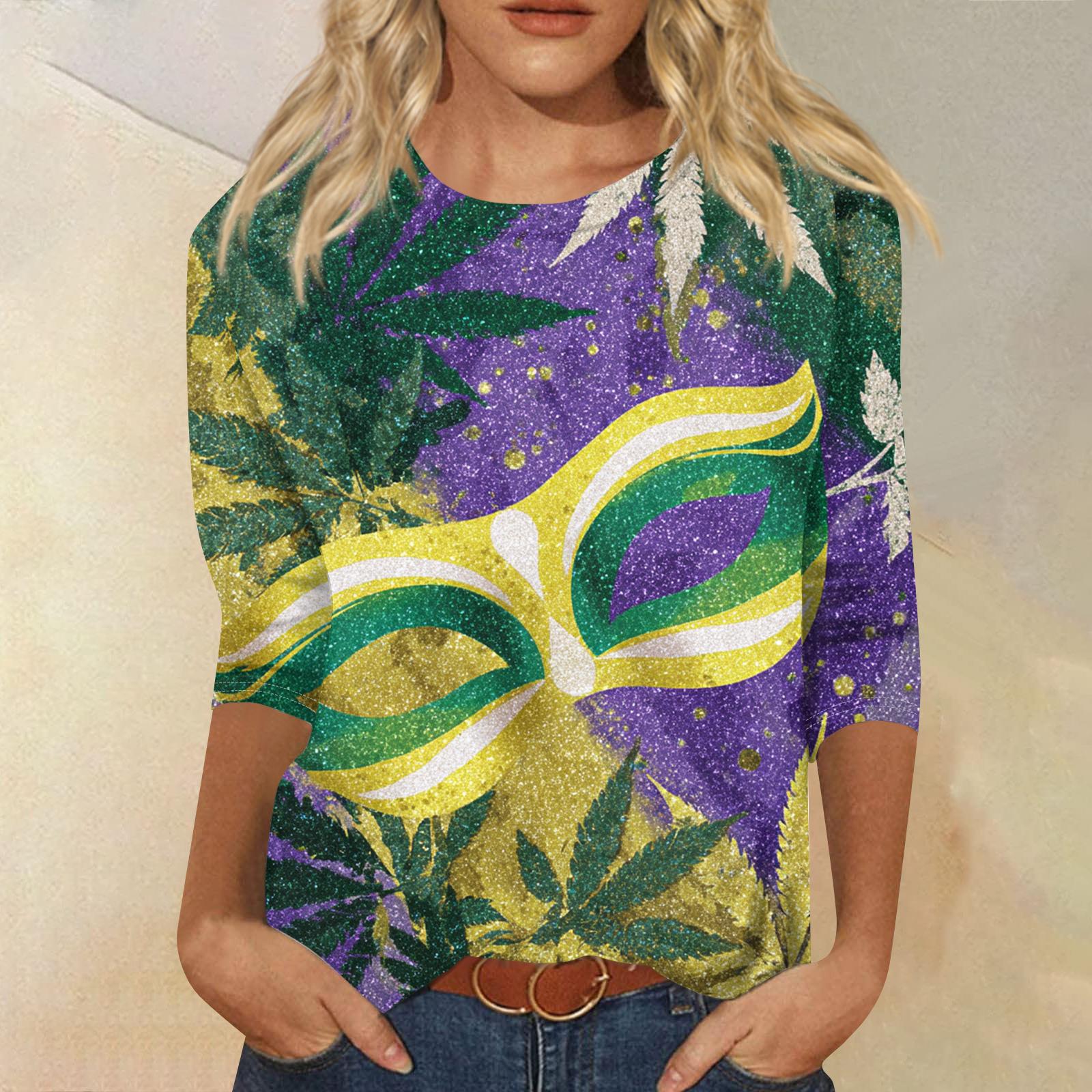 

Women s Fashion Casual Round Neck Three-quarter Sleeve Carnival Print T-shirt Top XL жёлтый