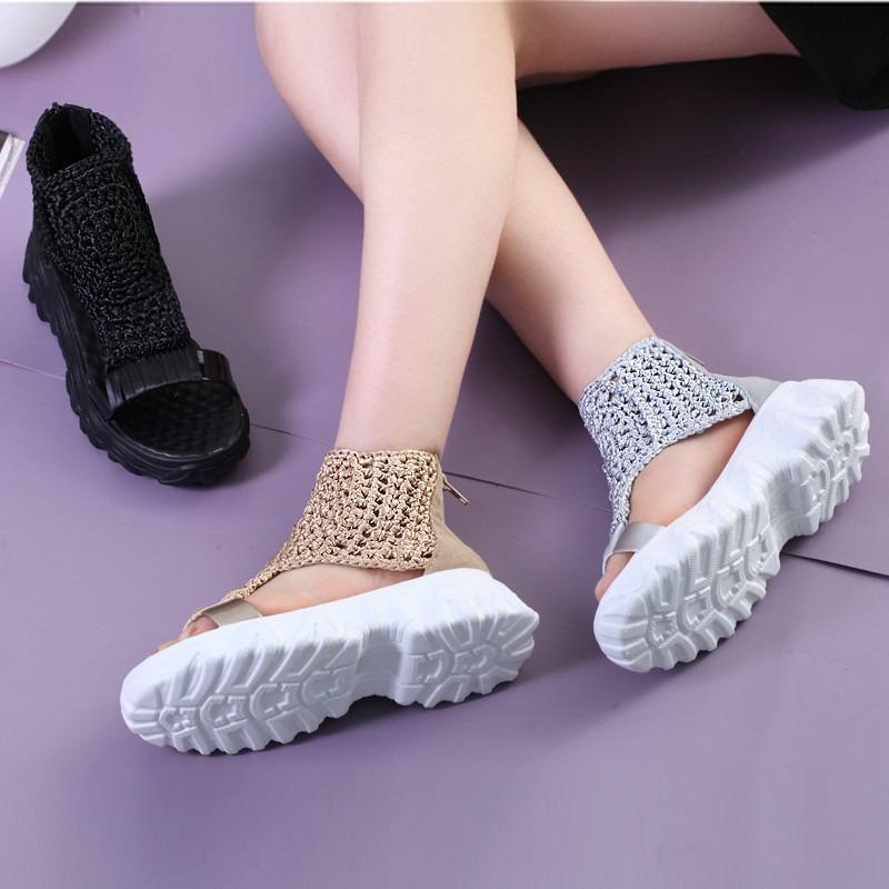 Fashion 2025 Sandals Women Braided Geometric Wedge Sandals Knitted Elastic Summer Shoes Mesh Flat Sandals Hollow Female Platform Shoes