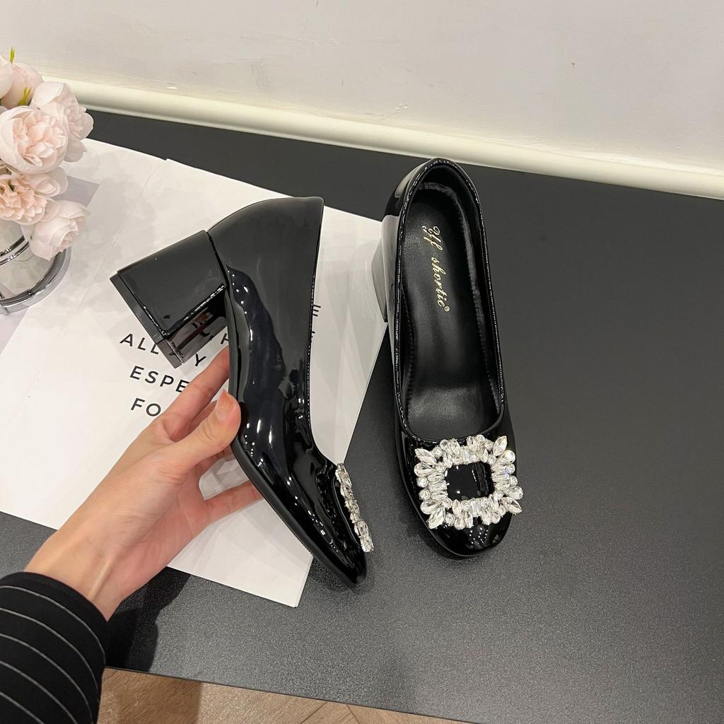 Inner heightening women's shoes rhinestone square buckle patent leather thick heel single shoes 2025 spring new high-end not tired feet high heels