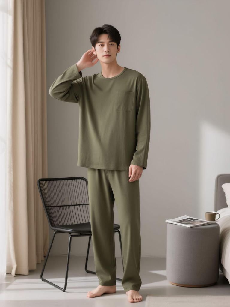 Men's Slim Fit Solid Color Pajama Set - Long Sleeve Top & Pants