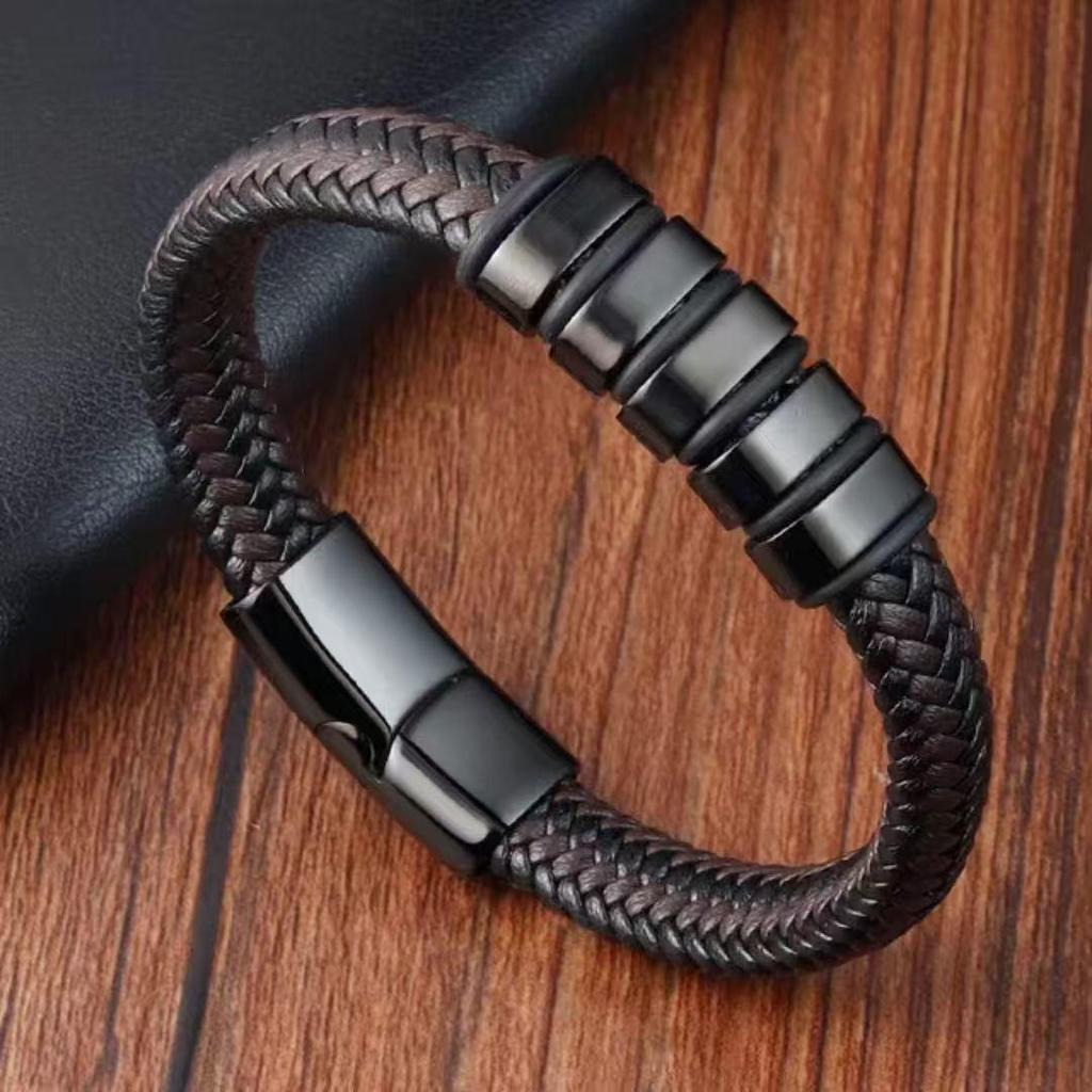 Anti-static Men's Stainless Steel Leather Magnetic Bracelet - European Retro Style