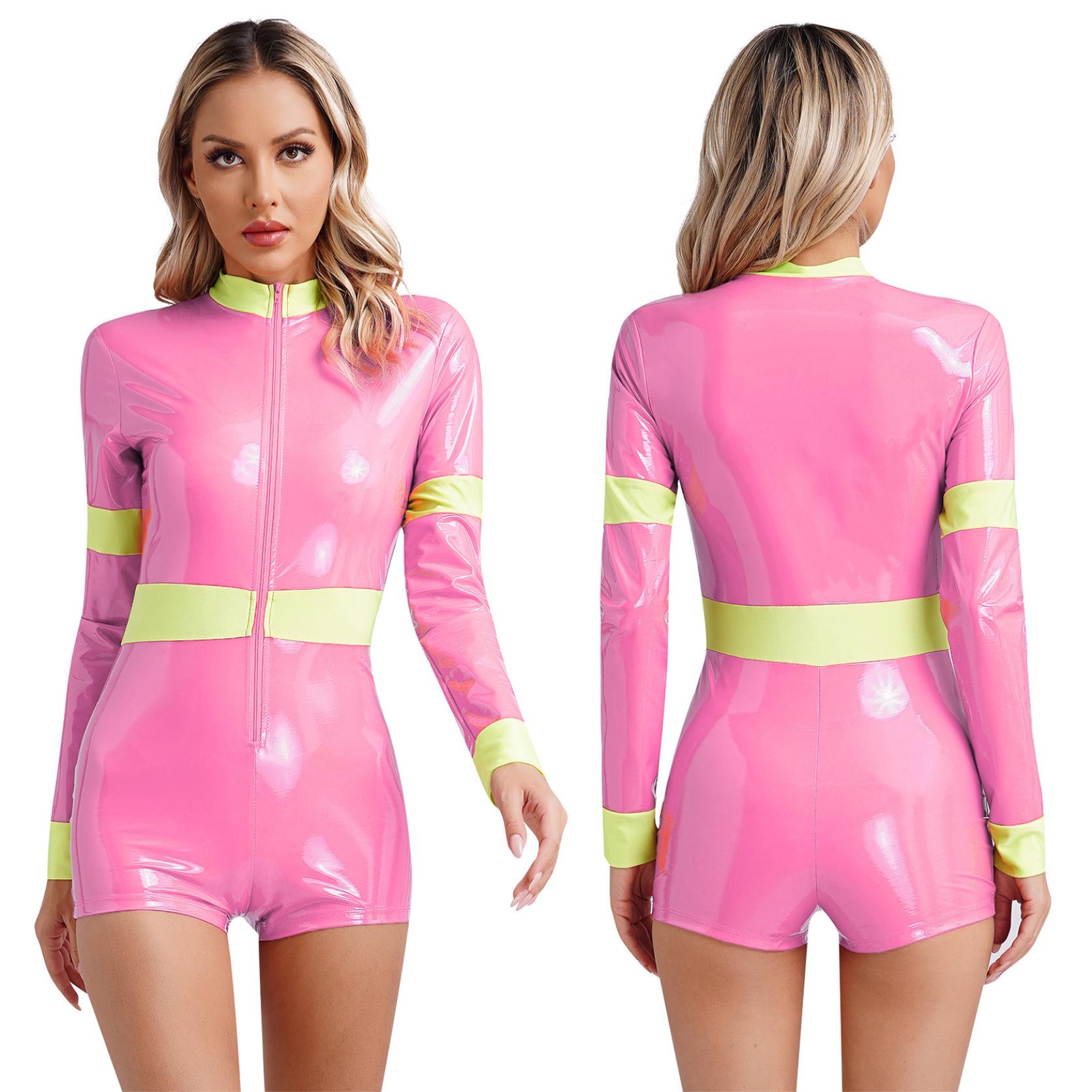 

Жіночий сексуальний худий обтягуючий короткий комбінезон Пожежний Косплей Костюм Шорти для хлопчика Боді Шкіряний Маскарадний Карнавальний Комбінезон S рожевий