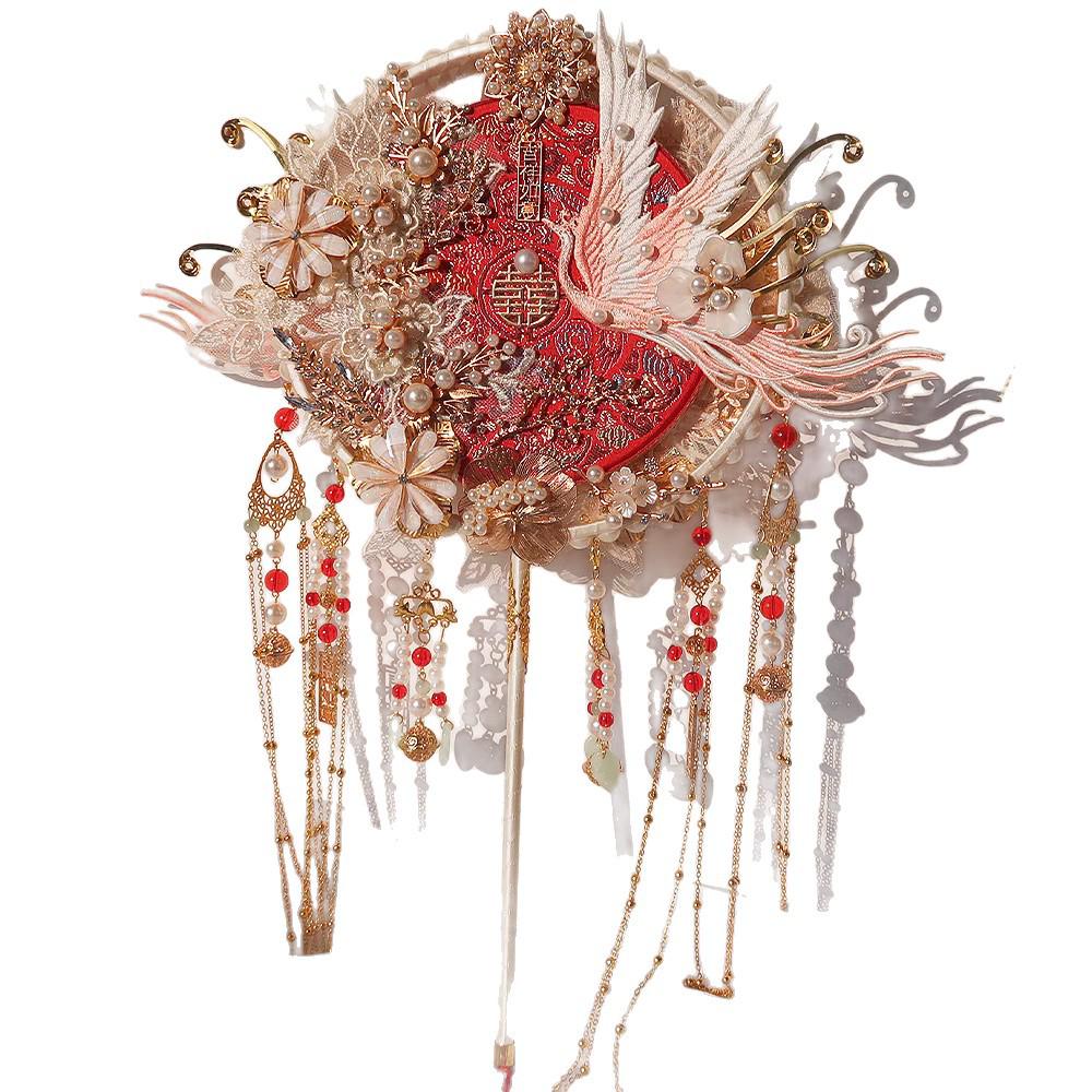 Double-Sided Two-Color Heavy Embroidery Round Bride Wedding Fan - Ancient Style Handmade Xiuhe Celebration Stainless Steel Weaving Fan