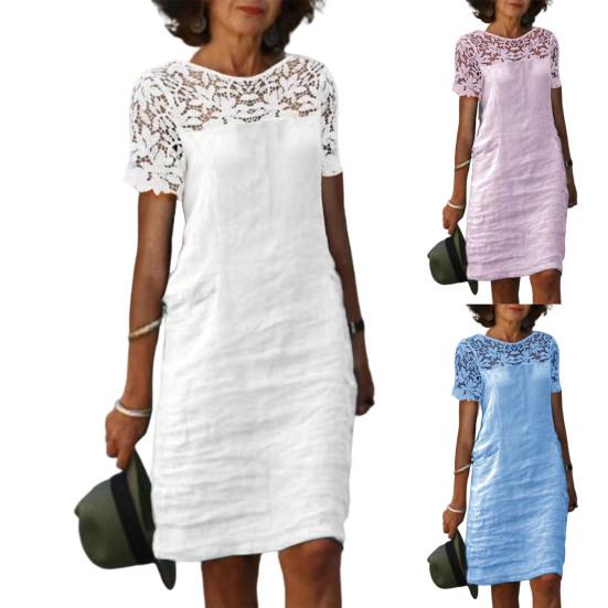 Damen Sommerkleid Aushöhlen Spitze Nähte Kurzarm Einfarbig Locker Täglich