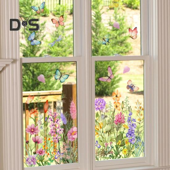 Colorful Floral Window Stickers Double-Sided Static Window Clings Floral Pattern Spring Window Decals for Home Bedroom Office Decor