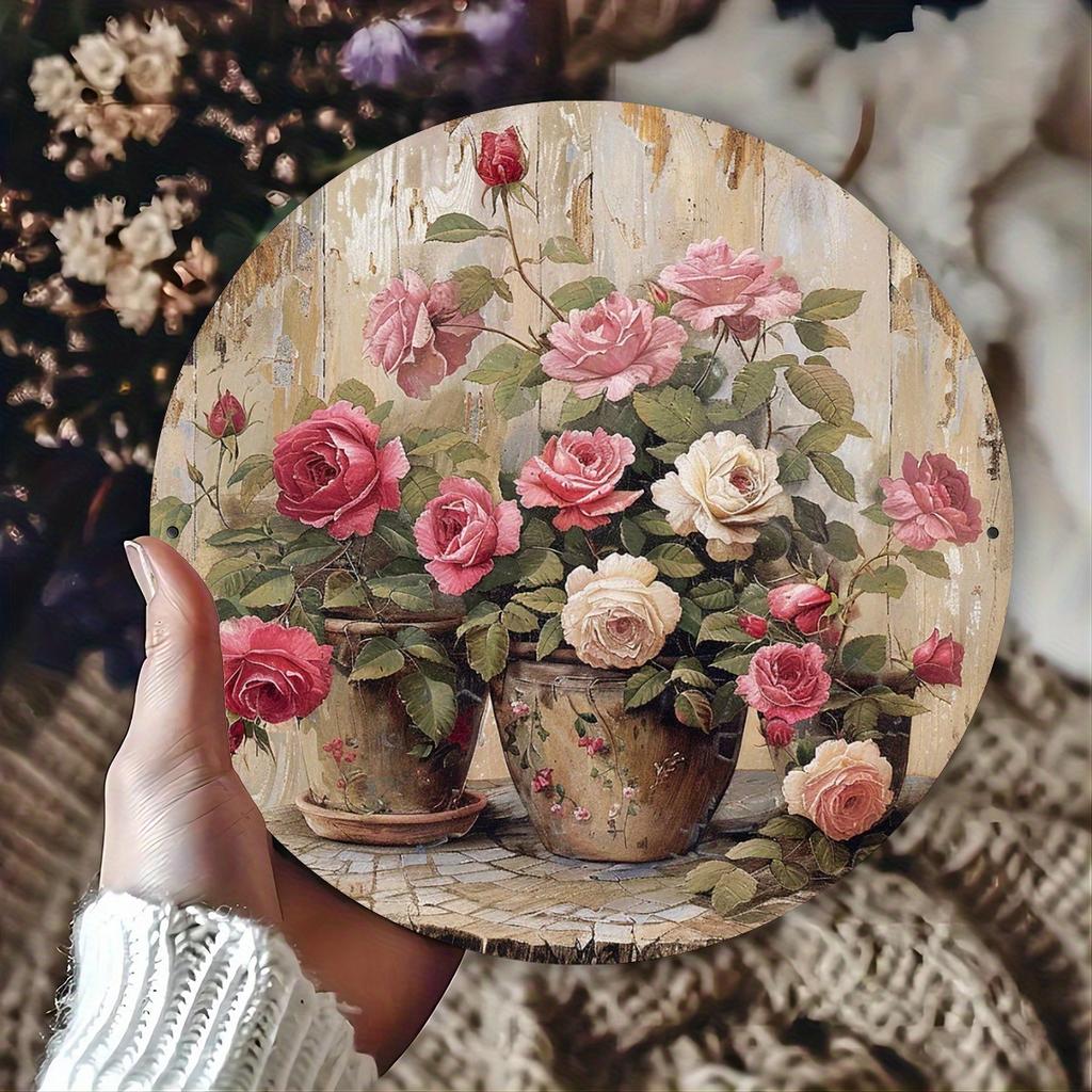1 Piece 2D Wooden Hanging Sign Potted Rose Theme 8 Inch Round Sign Home Bar Garage Cafe Garden Decoration