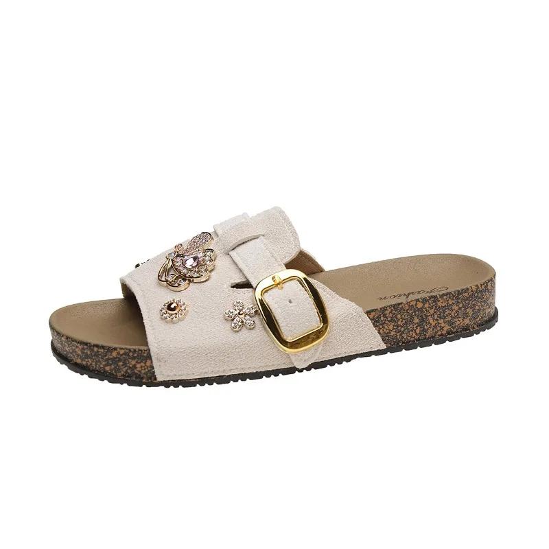 Fashion 2025 Summer New Casual Slippers Platform Open-Toe Women's Shoes with Metal Decor & Crystal Buckle Fashion Embellished Footwear