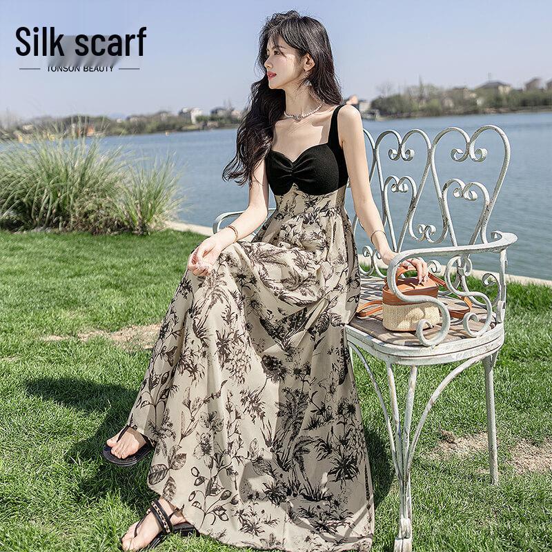 

Elegant Floral Print Faux Two-Piece Maxi Dress S