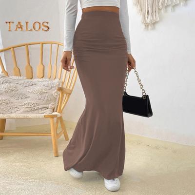 Kadın Maxi Etek Yüksek Bel Düz Renk Balık Kuyruğu Etek Slim Fit Kalça Kaldırma Ayak Bileği Uzunluğu Etek Büzgülü Tasarım Uzun Etek