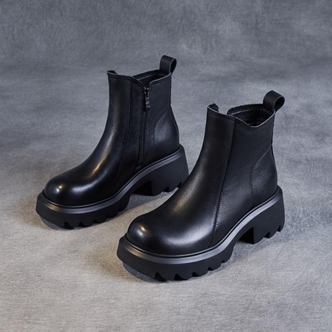 Johnature Thick Soled Genuine Leather Women's Boots British Style Round Toe Thick Heel Short Boots