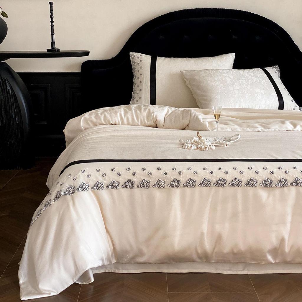 Elegant Princess Tencel Cotton Linen Blend Jacquard Bedding Set with Lace Trim - 4 Pieces