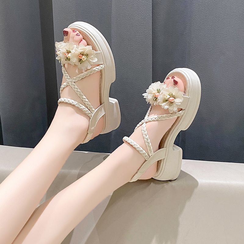

Roman Style Open Toe With Medium Heels Flowers Sandals for Women Original Comfortable and Elegant Low Price Woman Shoes On Sale 35