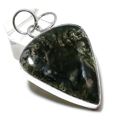 Natural Moss Agate Gemstone Handmade 925 Sterling Silver Pendant 2.13" M6S18